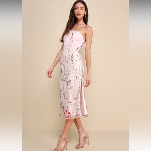 Bold Botanicals Pink Floral Embroidered Strapless Midi Dress - Picture 2 of 3